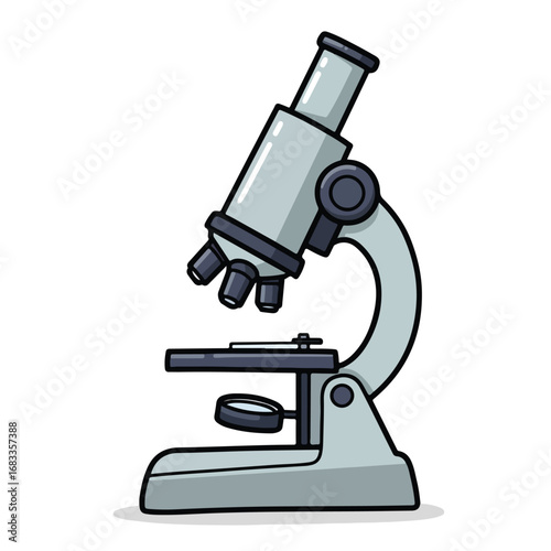 A cartoon microscope It is light gray has a black rim and sits on a white surface