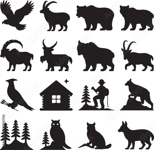 Wildlife silhouettes including birds bears and mountain animals eagle falcon