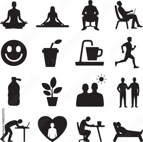 Lifestyle and wellness icons with yoga and work meditation sitting