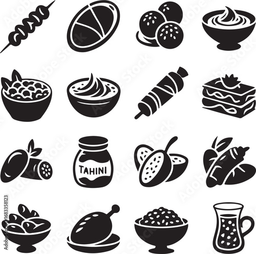 Variety of food items and dishes in silhouette icons meal cuisine