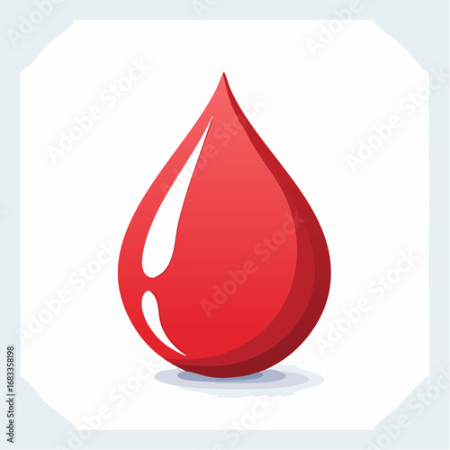 A single, stylized red blood drop, glossy, isolated on white.