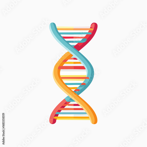 Colorful illustration of a double helix DNA strand, representing genetics and scientific research.