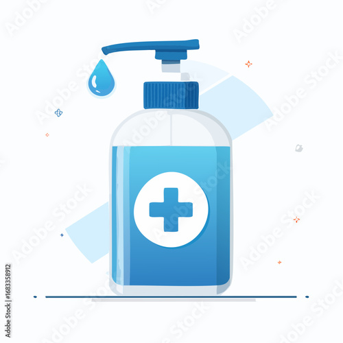 Blue hand sanitizer bottle with pump dispenser and plus symbol, clean design.