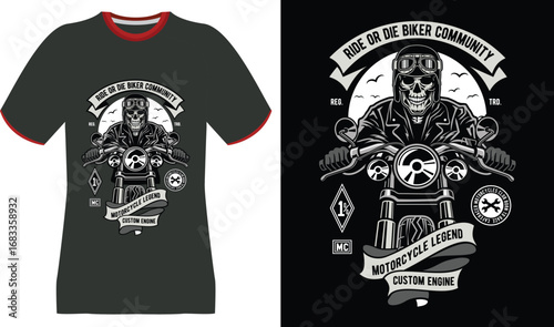 Skull Biker Riding Motorcycle with "Ride or Die Biker Community" Text