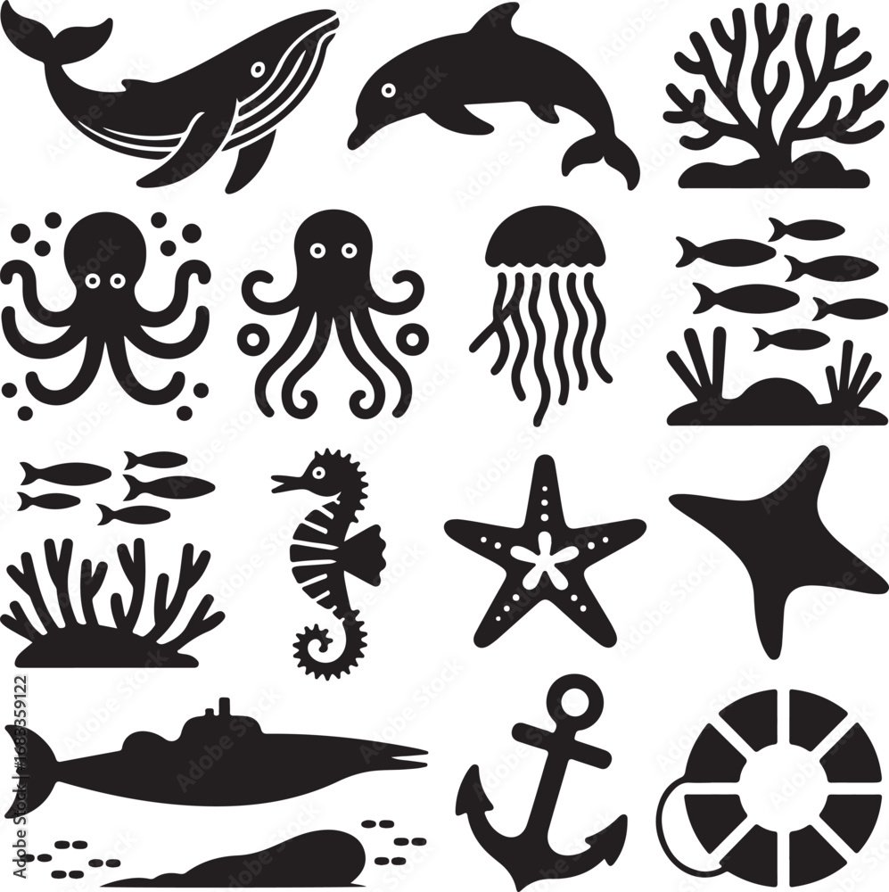 Fototapeta premium Assortment of black marine life and nautical icons whale dolphin