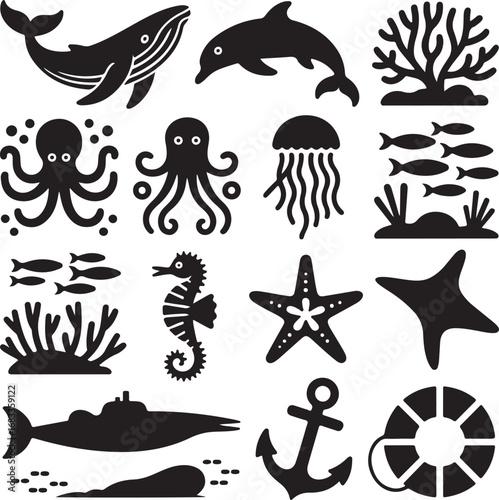 Assortment of black marine life and nautical icons whale dolphin