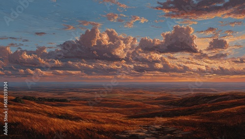 Panoramic sunset vista over a golden plain