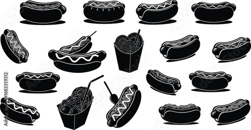 Hot dog vector set, black and white illustration, fast food design, sausage sandwich, vintage hotdog icon, street food graphic