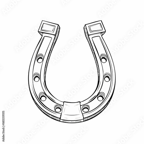 Horse shoe drawing. It is a black and white outline image of a horseshoe, a traditional symbol of luck and protection for horses. Vector sketch line art draw.