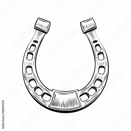 Horse shoe drawing. It is a black and white outline image of a horseshoe, a traditional symbol of luck and protection for horses. Vector sketch line art draw.