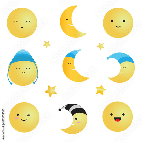 Cute smiling moon icon set