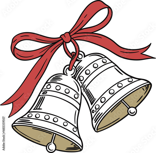 Jingle bells with a red ribbon and bow, a festive Christmas decoration