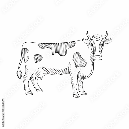 Holstein cow drawing. It is a simple, black and white outline sketch of a Holstein cow with its classic black and white spots. Vector sketch line art draw.