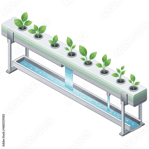NFT hydroponic channel diagram vector, soilless plant farming technology with nutrient flow system and sustainable agriculture