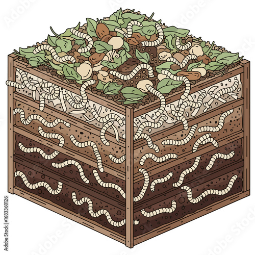 Vermicompost bed setup vector, detailed cross-section of a worm farm compost bin, organic gardening and recycling