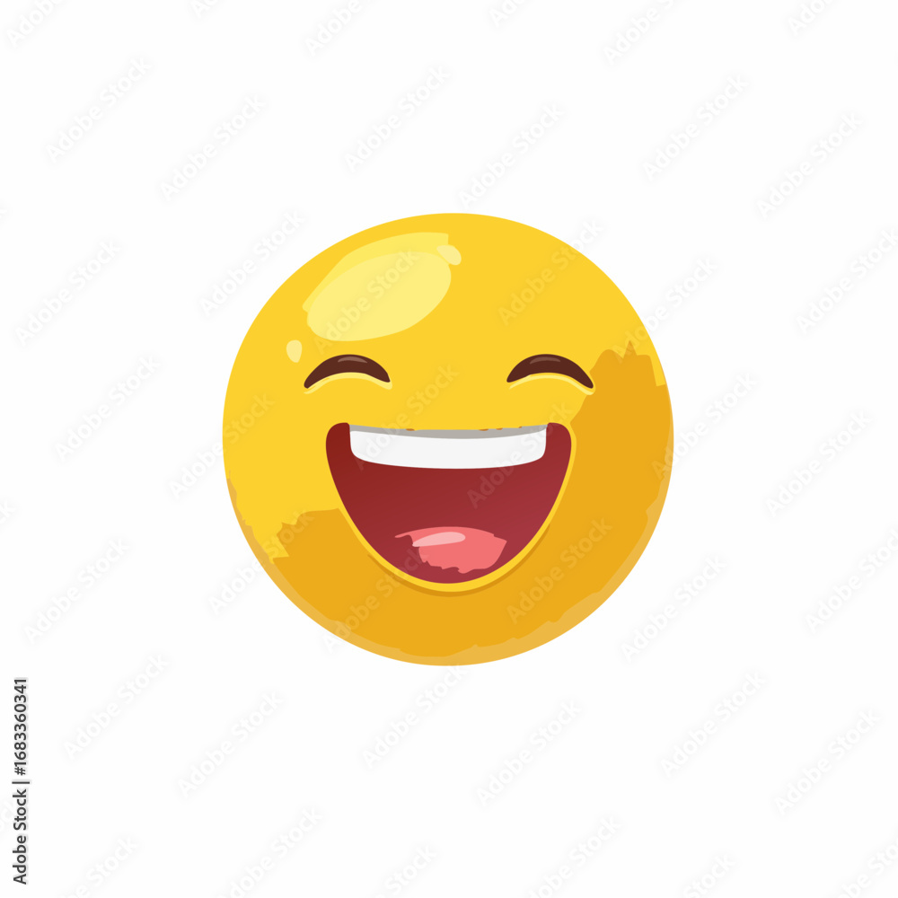Fototapeta premium Gelber Smiley mit offenem Mund, lacht herzhaft, minimalistisches Vektor-Design, Symbol für Spaß und gute Laune.