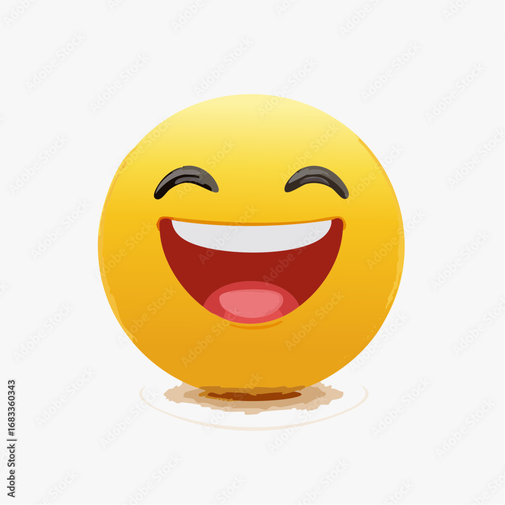 Fototapeta premium Gelber Smiley mit offenem Mund, lacht herzhaft, minimalistisches Vektor-Design, Symbol für Spaß und gute Laune.