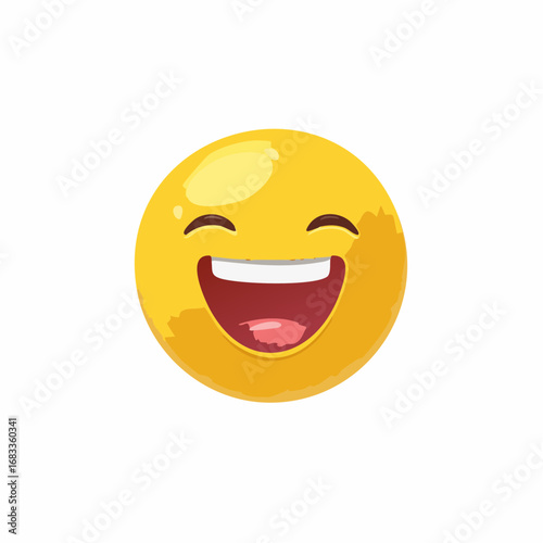 Gelber Smiley mit offenem Mund, lacht herzhaft, minimalistisches Vektor-Design, Symbol für Spaß und gute Laune.