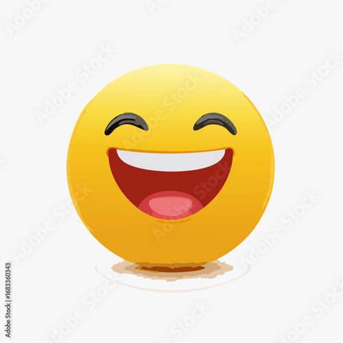 Gelber Smiley mit offenem Mund, lacht herzhaft, minimalistisches Vektor-Design, Symbol für Spaß und gute Laune.