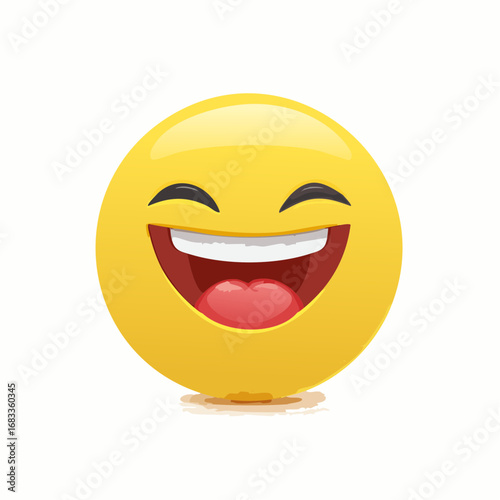 Gelber Smiley mit offenem Mund, lacht herzhaft, minimalistisches Vektor-Design, Symbol für Spaß und gute Laune.