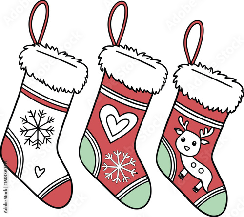 Hanging red Christmas socks and stockings with presents for holiday decoration