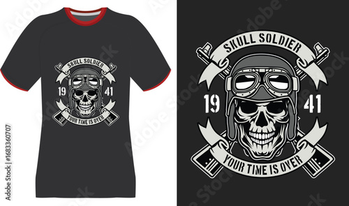 Skull Soldier T-Shirt Design with Vintage Aviator Helmet and Quote