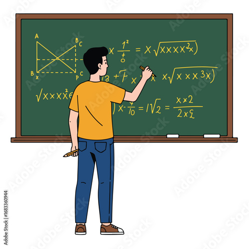 A person in a yellow shirt and blue jeans writes equations on a green chalkboard