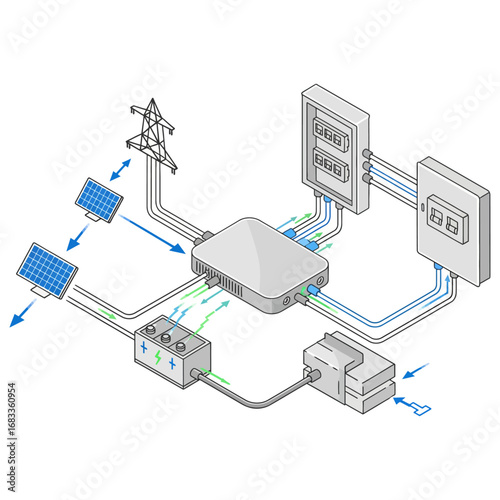 Hybrid inverter wiring schematic, an isometric illustration detailing the connections and flow of electricity between solar panels, battery, and a power grid.