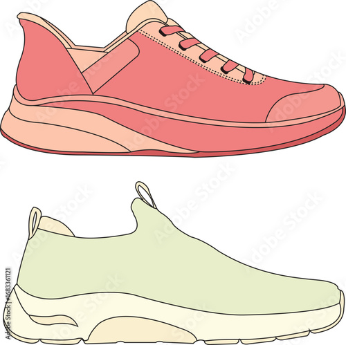 Collection cartoon footwear set. Stylish and fashionable shoes, sneakers icon isolated set