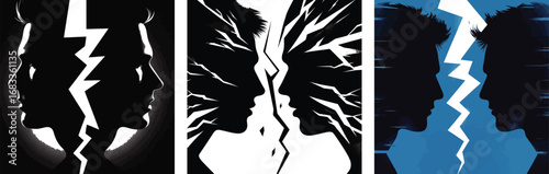 Dynamic lightning strikes showcasing raw energy and powerful natural phenomena across three distinct visual styles silhouette