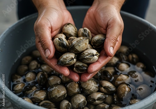 Hands Holding Freshly Harvested Clams in Bucket