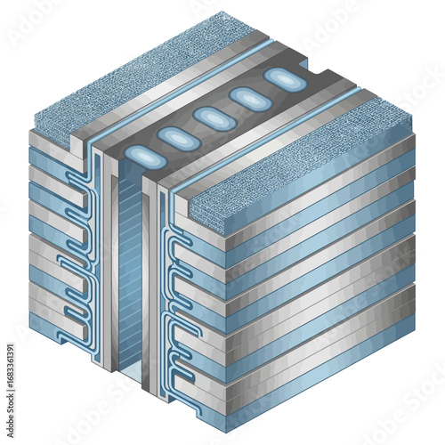 Hydrogen Fuel Cell Stack. A Cross-Sectional Vector Illustration of a Hydrogen Fuel Cell Stack, a Technology for Clean and Renewable Energy