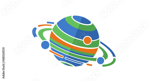 Vibrant abstract planet with rings and orbiting moons, symbolizing discovery and cosmic exploration