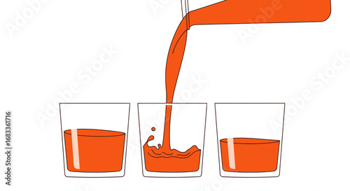 Orange liquid pours into three glasses showing distribution and filling stages