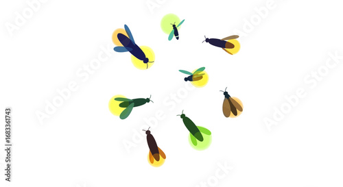 Magical fireflies illuminating summer night with glowing lights, charming insect collection