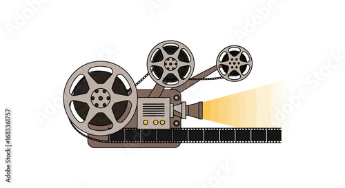 Vintage film projector showcases cinematic story with warm light and film strip, evoking nostalgia and creativity.
