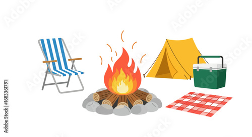 Cozy campfire scene with tent, chair, cooler, and picnic blanket perfect for outdoor adventures.