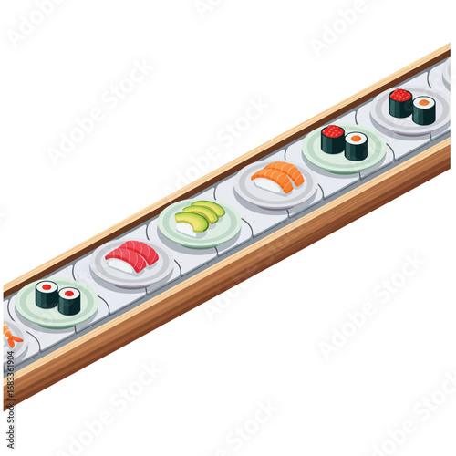 Automated sushi conveyor belt vector, Japanese food illustration, moving restaurant, isometric design, tasty rolls, Asian cuisine