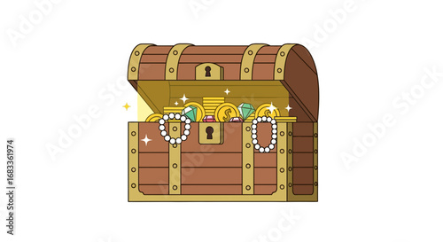 Overflowing treasure chest brimming with gold coins, sparkling diamonds, and elegant pearls, symbolizing wealth and fortune.