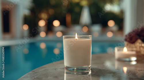 Burning candle in a glass on a table near a pool at night time