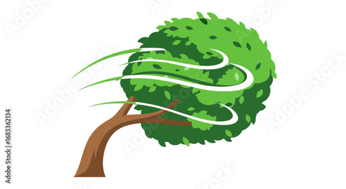 Vibrant green tree with swirling wind patterns, symbolizing nature's power and change
