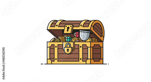 Open treasure chest overflowing with gold coins, sparkling diamonds, and a silver goblet promising riches.