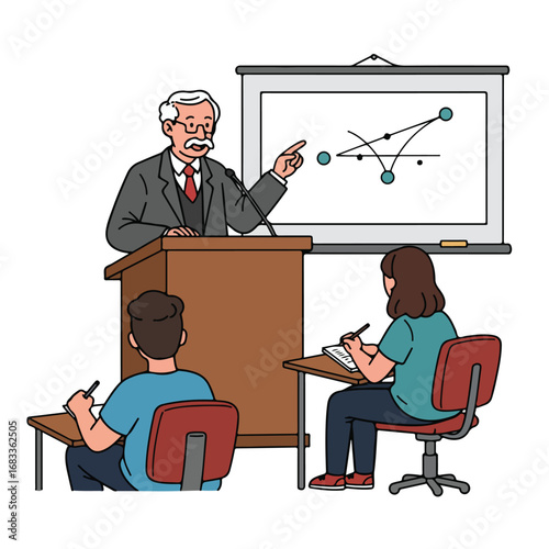 A professor gestures toward a diagram on a screen while giving a lecture Two students take notes at desks