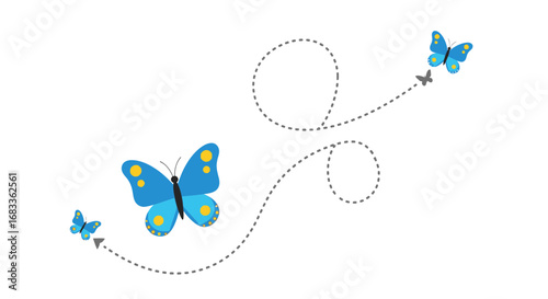 Vibrant blue butterflies gracefully flutter along dotted paths, symbolizing freedom, transformation, and nature's beauty.
