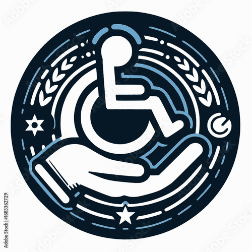 Circular accessibility emblem with wheelchair and caring hand — trusted support badge (vector, EPS, transparent background)