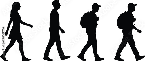 Silhouettes of People Walking Side View Including Man Woman Backpack Travelers for Lifestyle, Travel, Urban, and Human Movement Concepts
