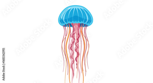 Vibrant blue jellyfish gracefully drifts with delicate pink tentacles, showcasing ocean beauty and marine life.