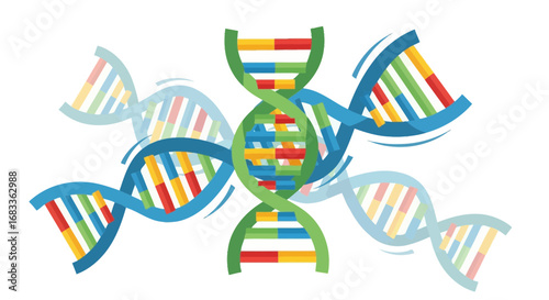 Dynamic DNA helix structures swirl with vibrant, colorful genetic code creating a modern science concept.