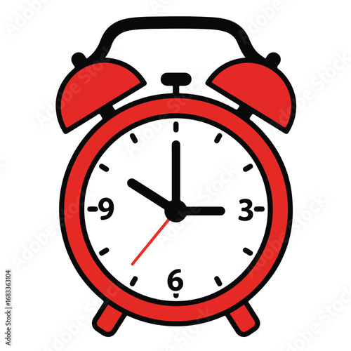 A red alarm clock against a white background It has black hands indicating time