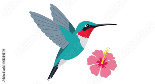Vibrant hummingbird gracefully hovers near a delicate pink hibiscus flower, capturing nature's beauty